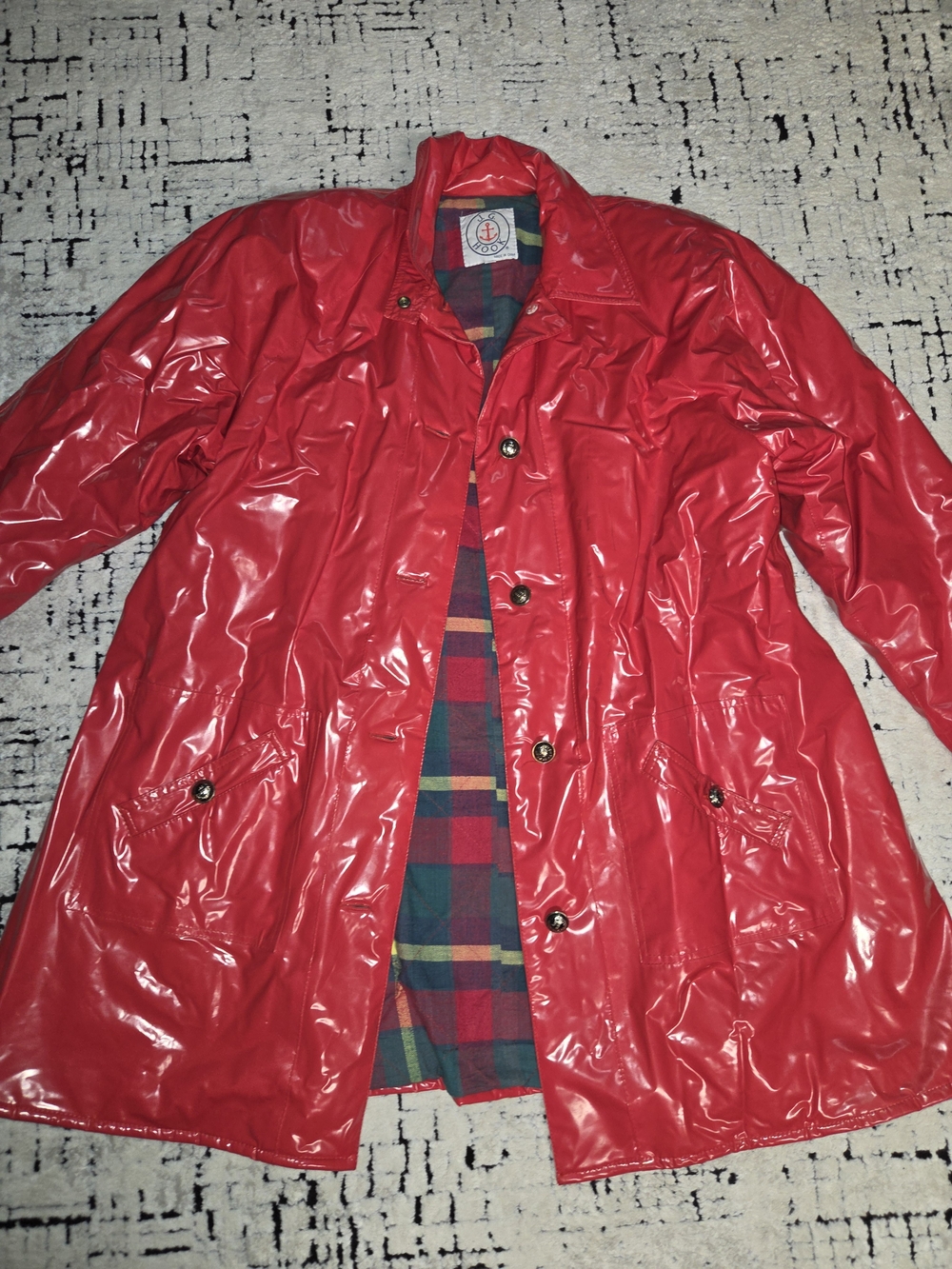 Vintage J.G. Hook Red Vinyl Raincoat Size Large Plaid Lined